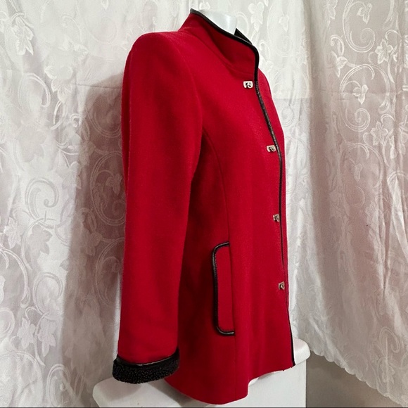 London Fog ZENA Candy Red Black Leather Trim Wool Clasp Snap Button Up Pea Coat - Picture 3 of 13